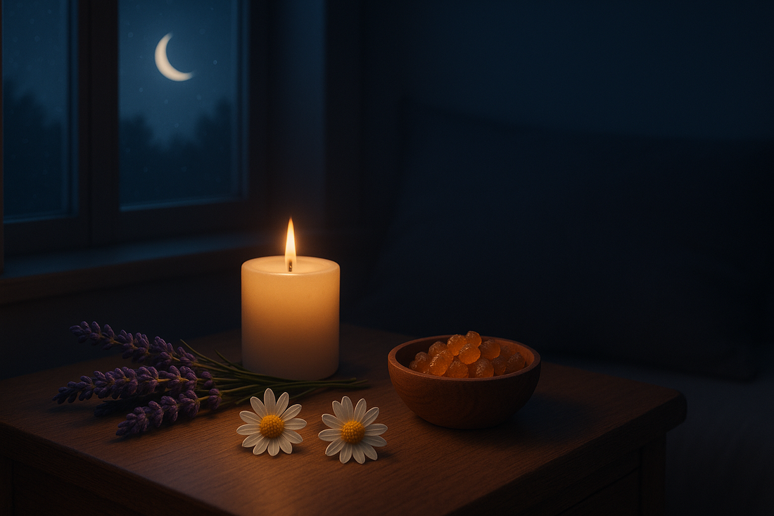 A wooden nightstand at bedtime with a glowing candle, sprigs of lavender, chamomile flowers, and a bowl of frankincense resin, set against a dark room with moonlight shining through the window.