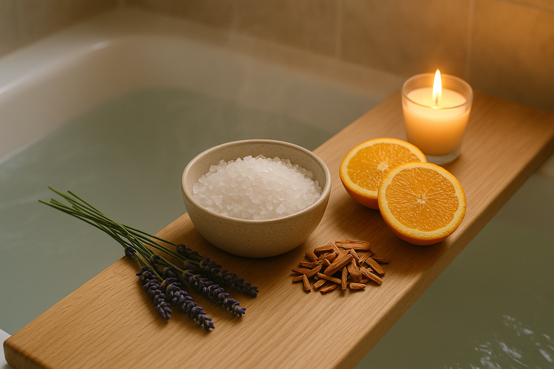 A spa-like bath scene with a wooden tray across a tub, holding a bowl of white bath salts, sprigs of lavender, sandalwood chips, orange halves, and a glowing candle, creating a calm and relaxing atmosphere.